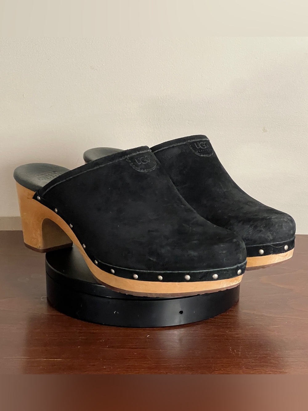 Ugg Abbie Clog - Wooden Sole, Leather Suede Upper, Shearling Lined - US 12 - Picture 2 of 14